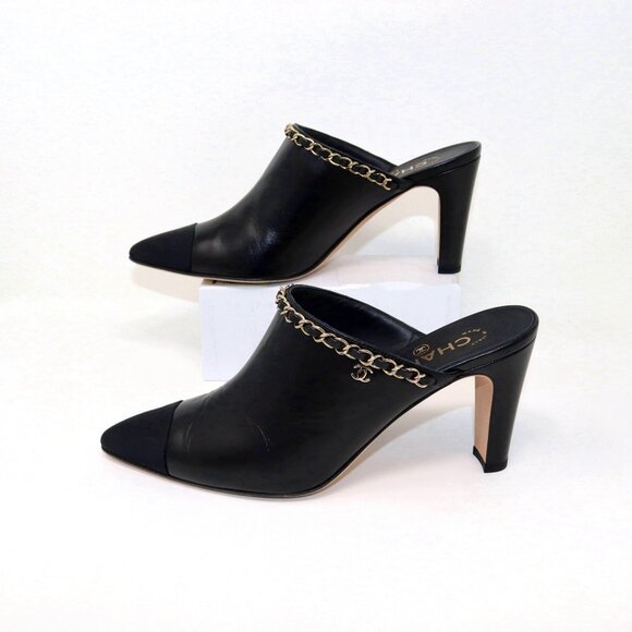 Chanel 38.5 2 Tone Leather Grosgrain Leather Mule Chain CC Detail Heel Boots - Picture 4 of 14